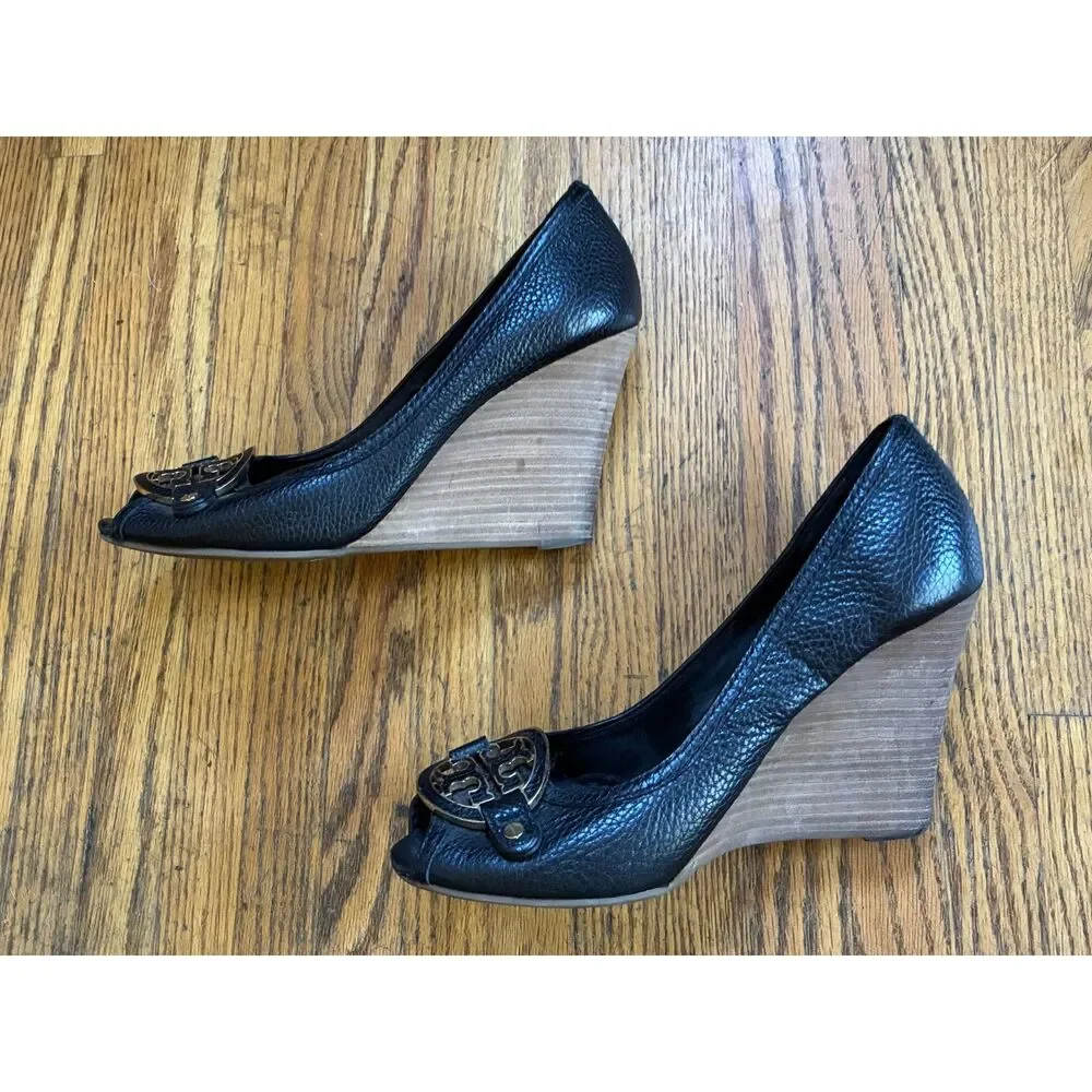 Tory Burch Amanda Black Leather Logo Peep Toe Wedge Heels Shoes  Women's Size 11